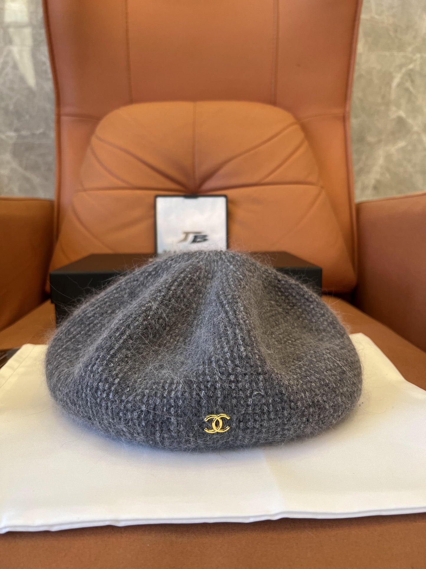 Chanel grey mohair beret with gold CC logo