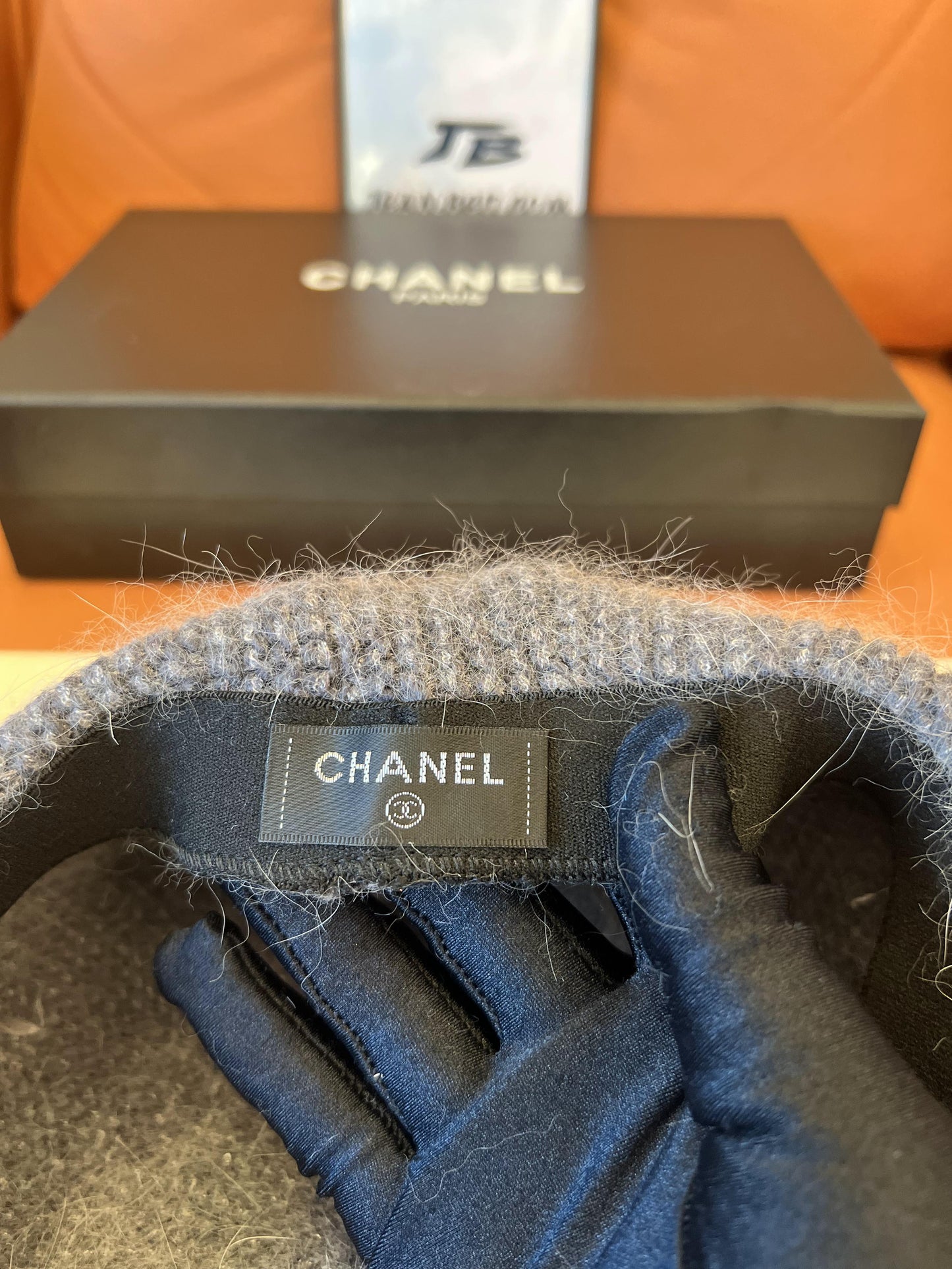 Chanel grey mohair beret with gold CC logo