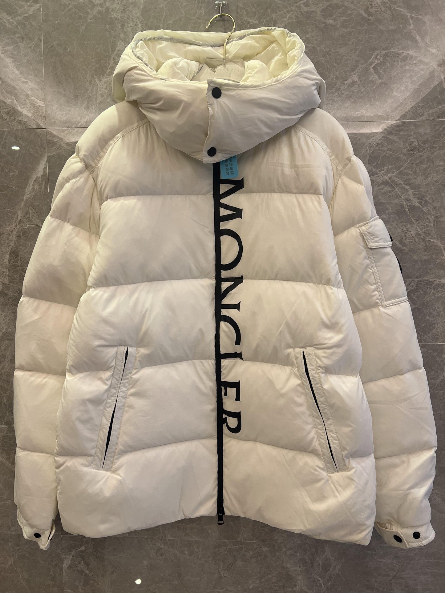 Moncler white logo puffer jacket with detachable hood