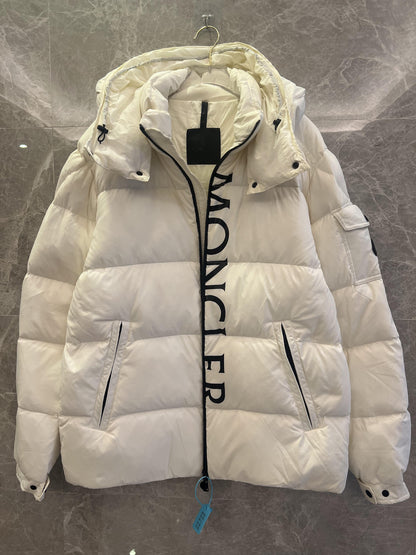 Moncler white logo puffer jacket with detachable hood