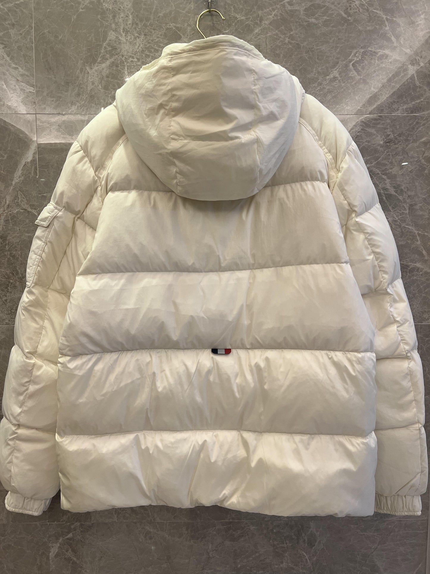 Moncler white logo puffer jacket with detachable hood