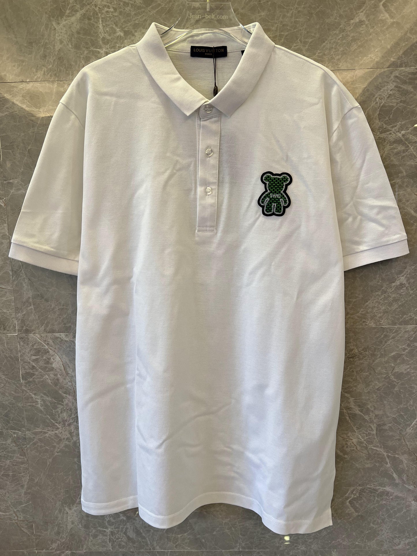 Louis Vuitton white polo shirt with green bear patch