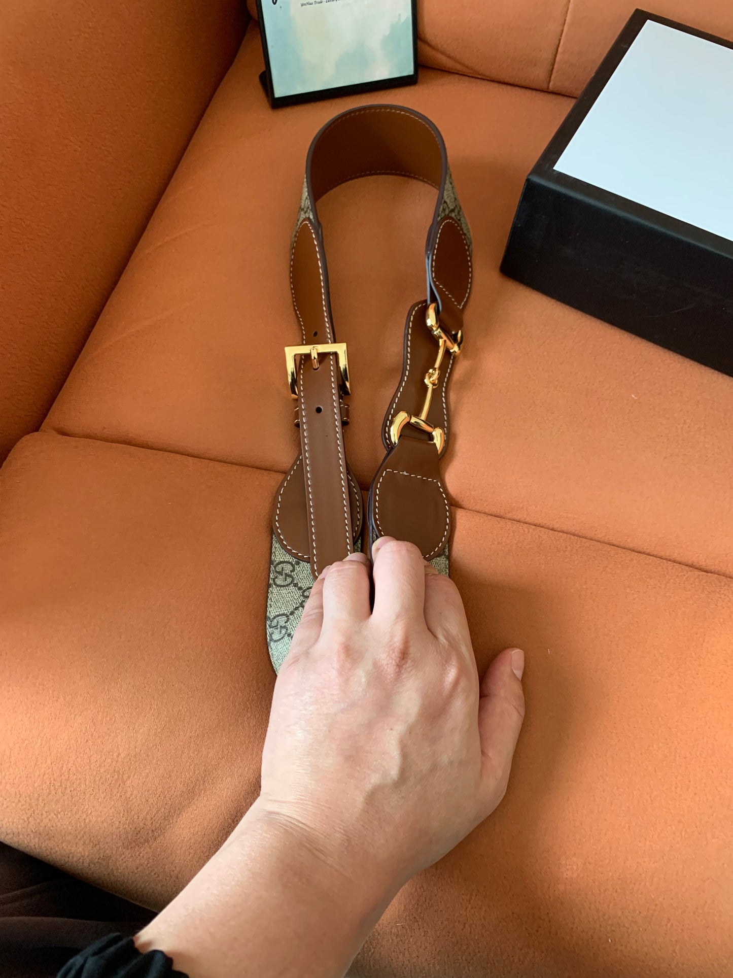 Gucci GG Supreme canvas and brown leather belt with gold buckle