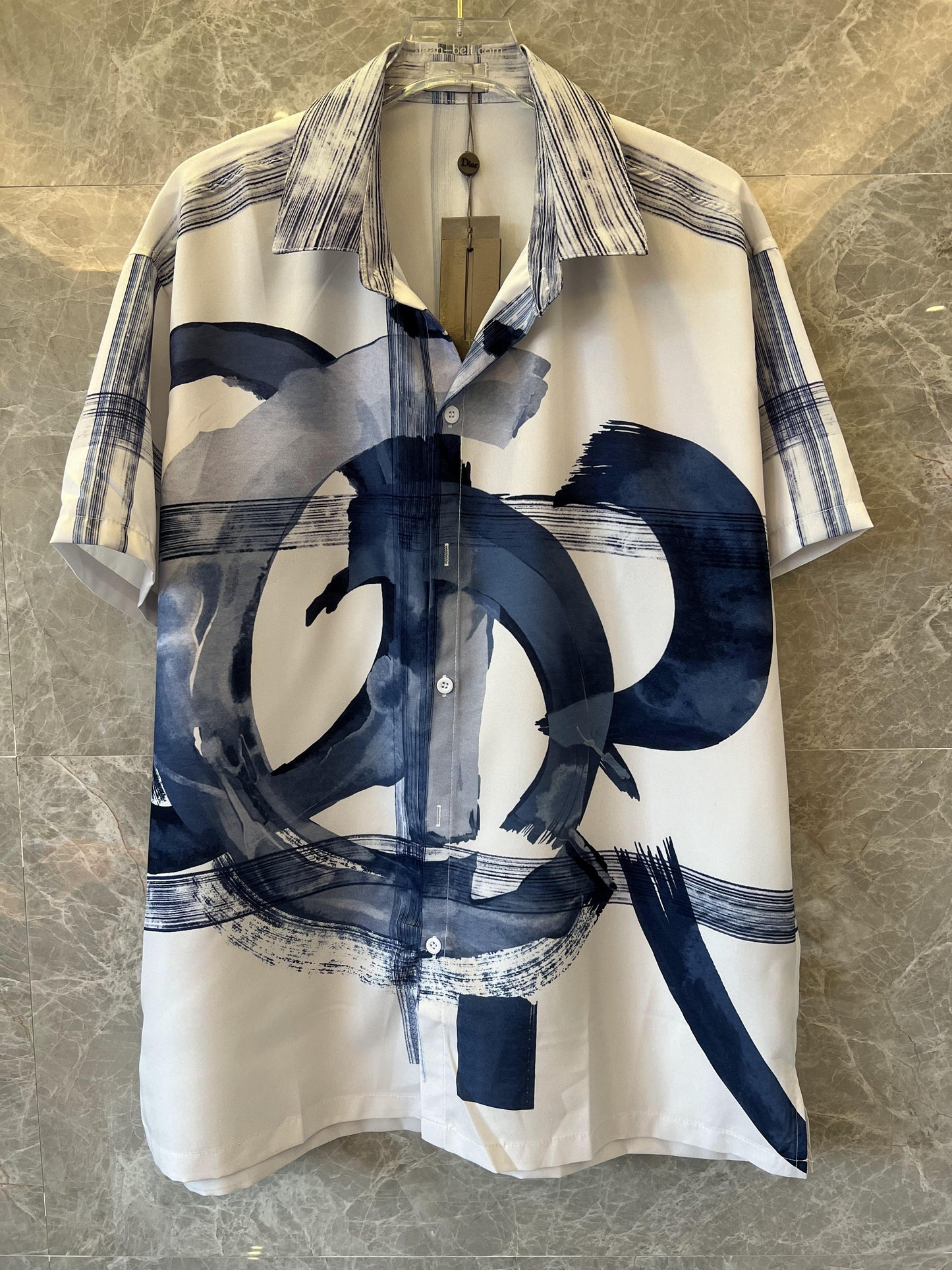 Dior men's short sleeve printed cotton shirt in blue and white