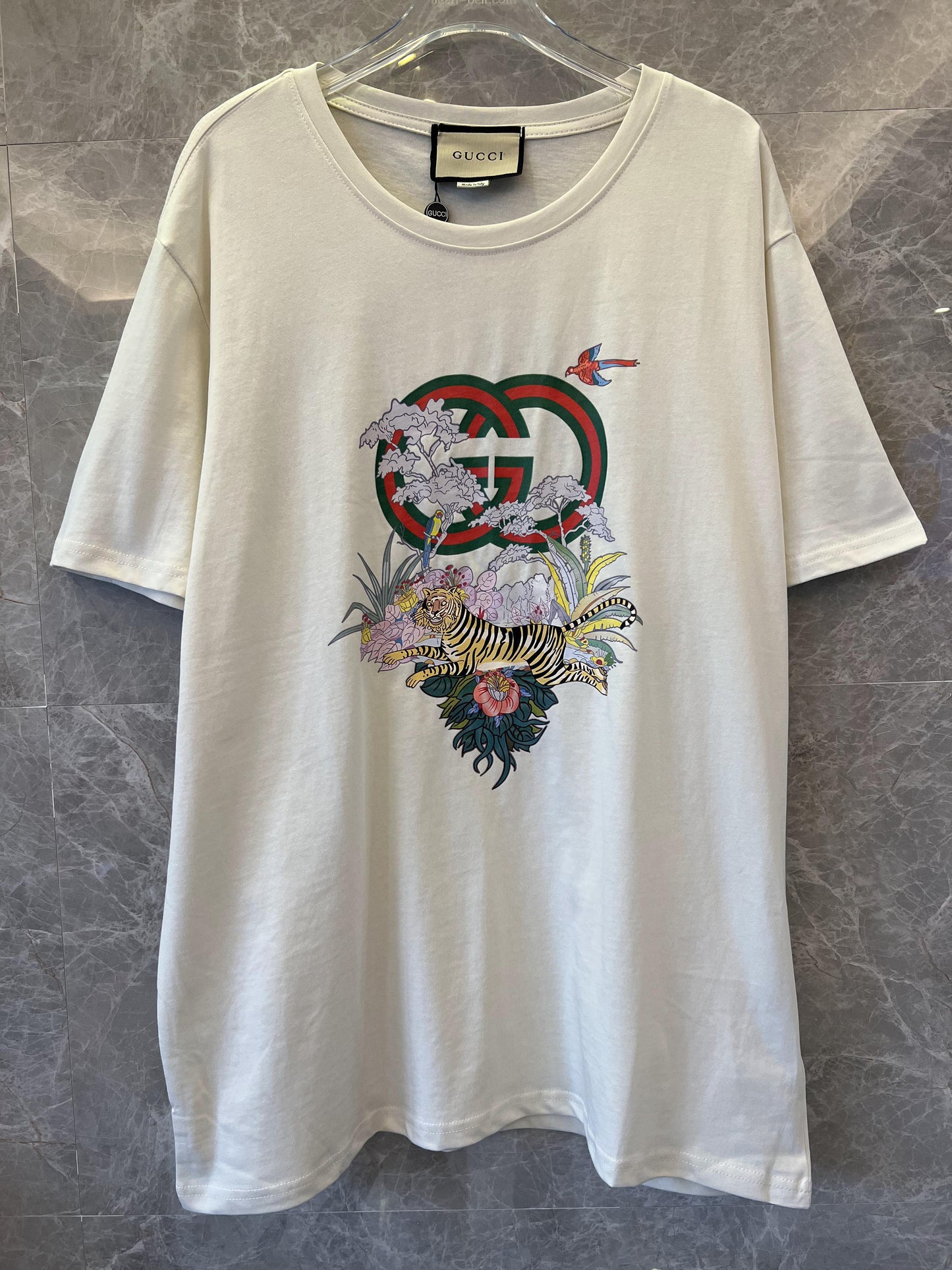 Gucci off-white logo tee with floral and tiger print