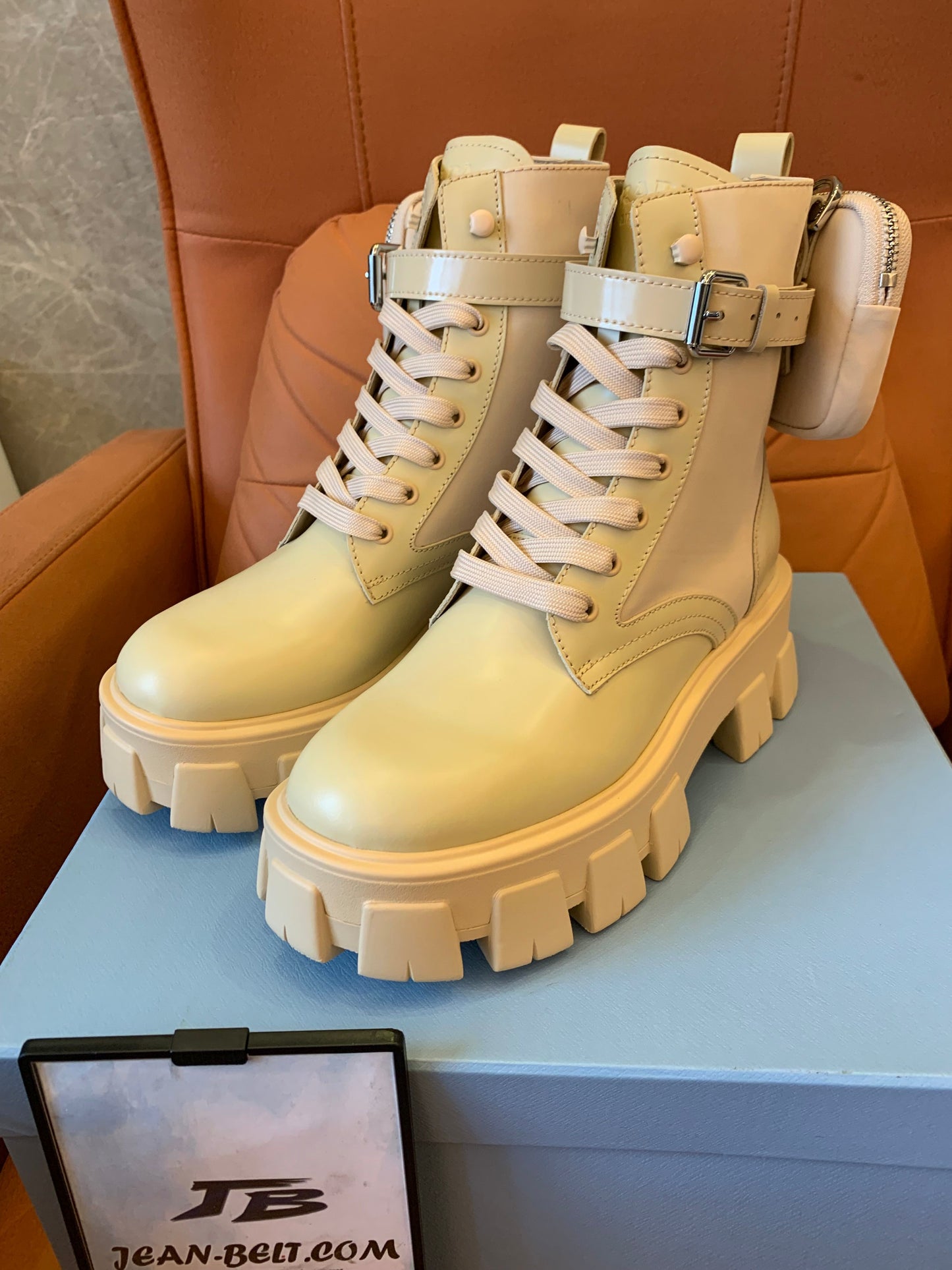 Prada ‘Monolith' platform leather combat boots with detachable pouch