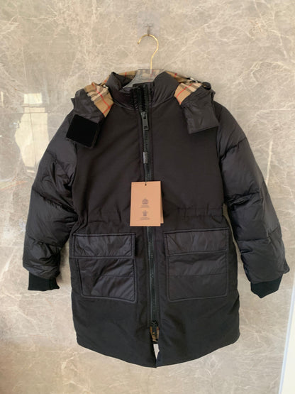 Burberry Kids black puffer jacket with iconic check hood