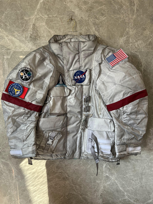 Balenciaga x NASA space-inspired silver jacket with appliqué patches