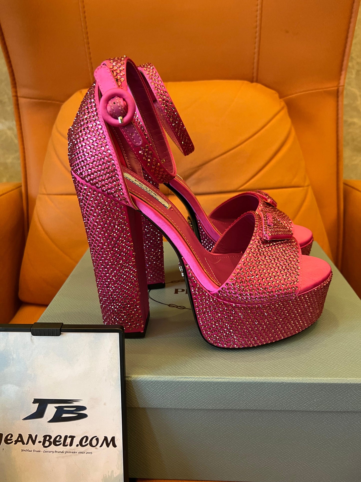 Prada pink crystal platform sandals