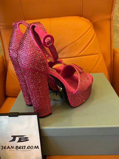 Prada pink crystal platform sandals