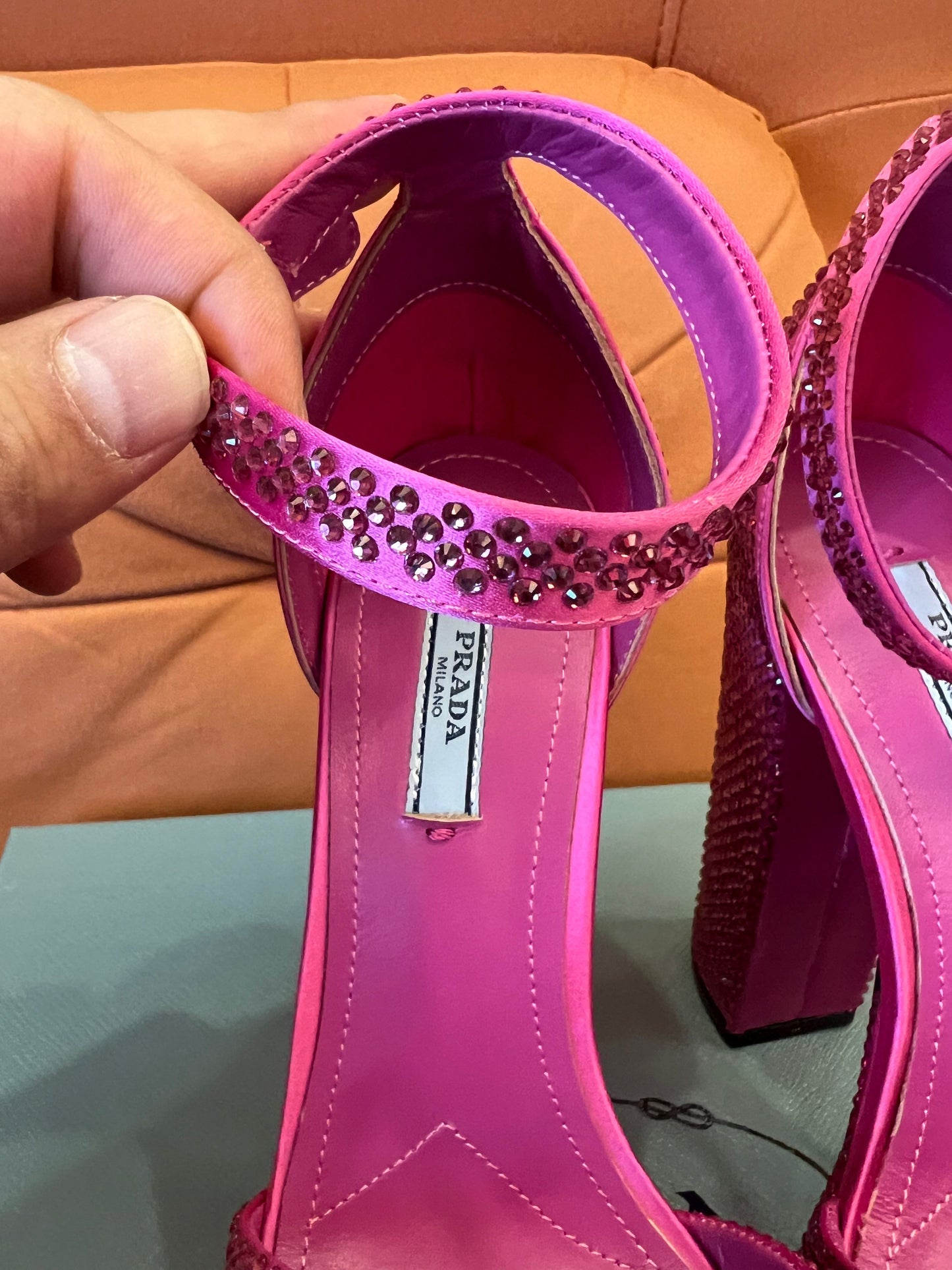 Prada pink crystal platform sandals