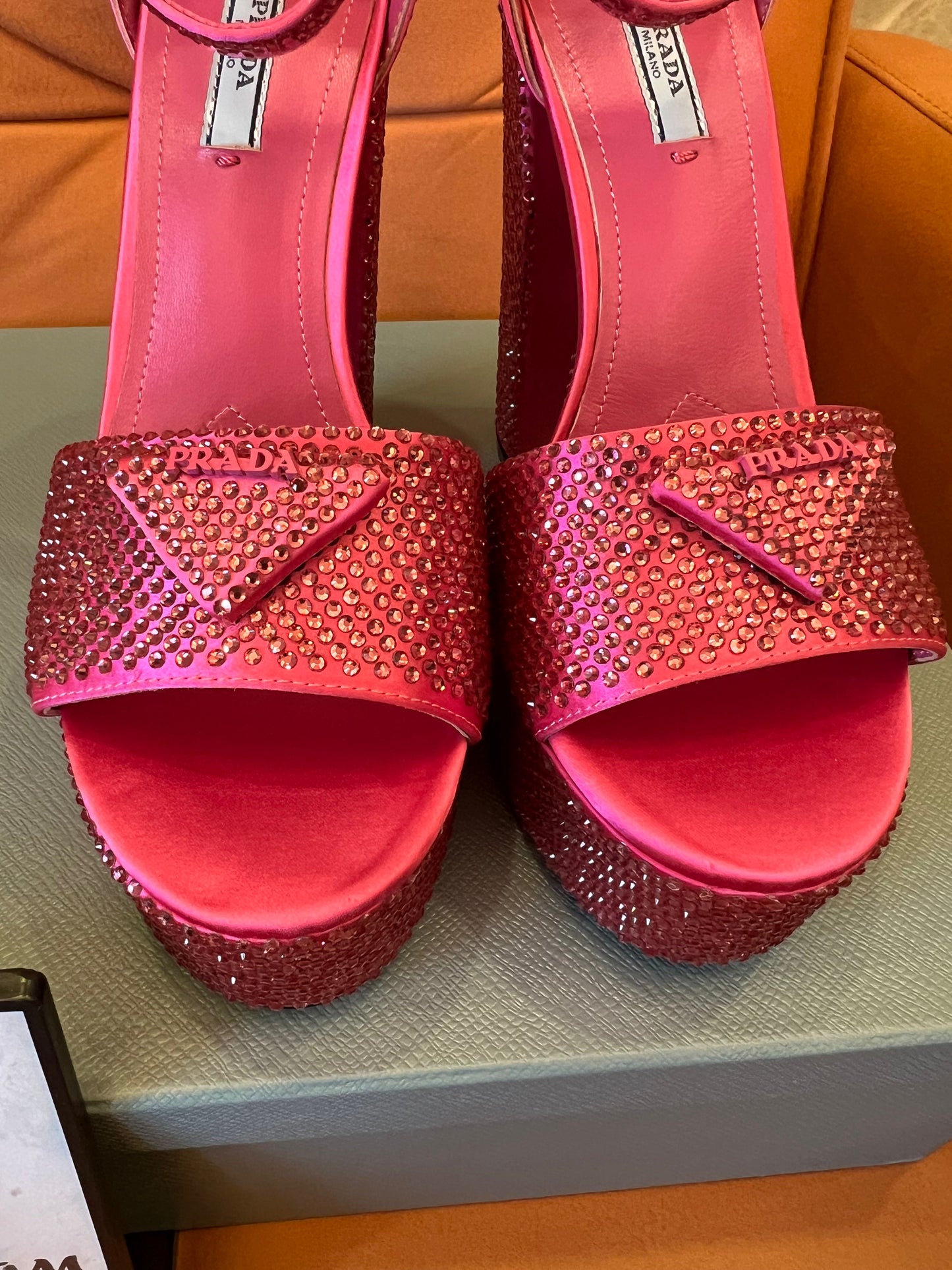 Prada pink crystal platform sandals