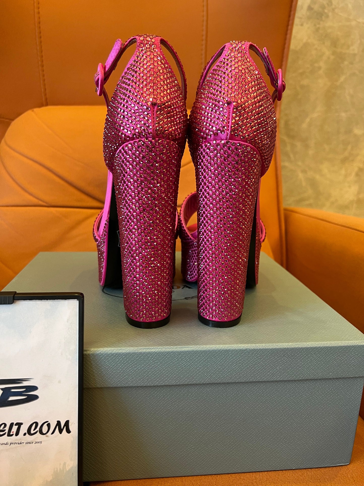 Prada pink crystal platform sandals