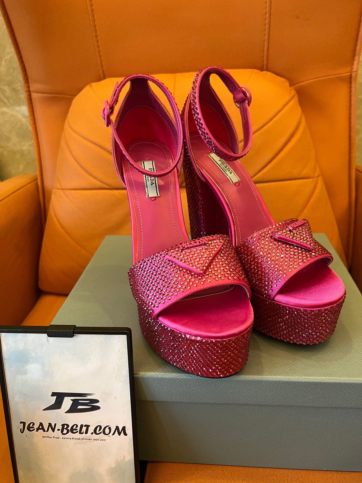 Prada pink crystal platform sandals