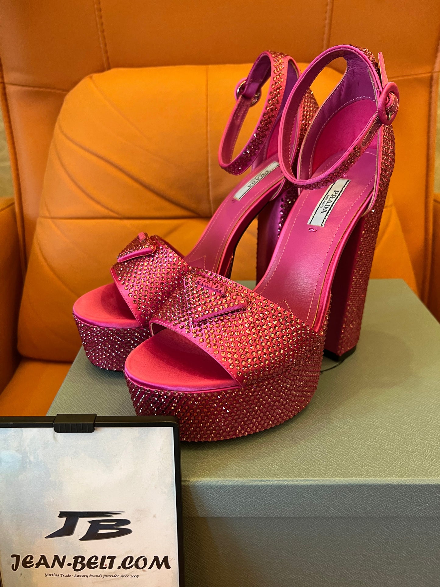 Prada pink crystal platform sandals