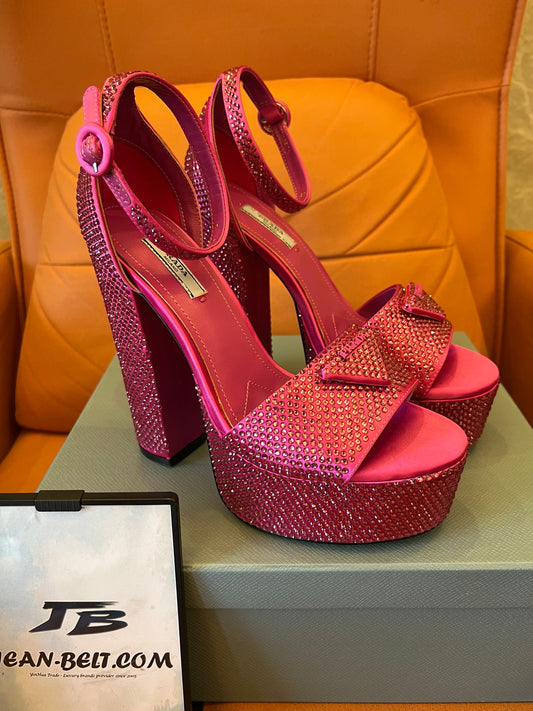 Prada pink crystal platform sandals