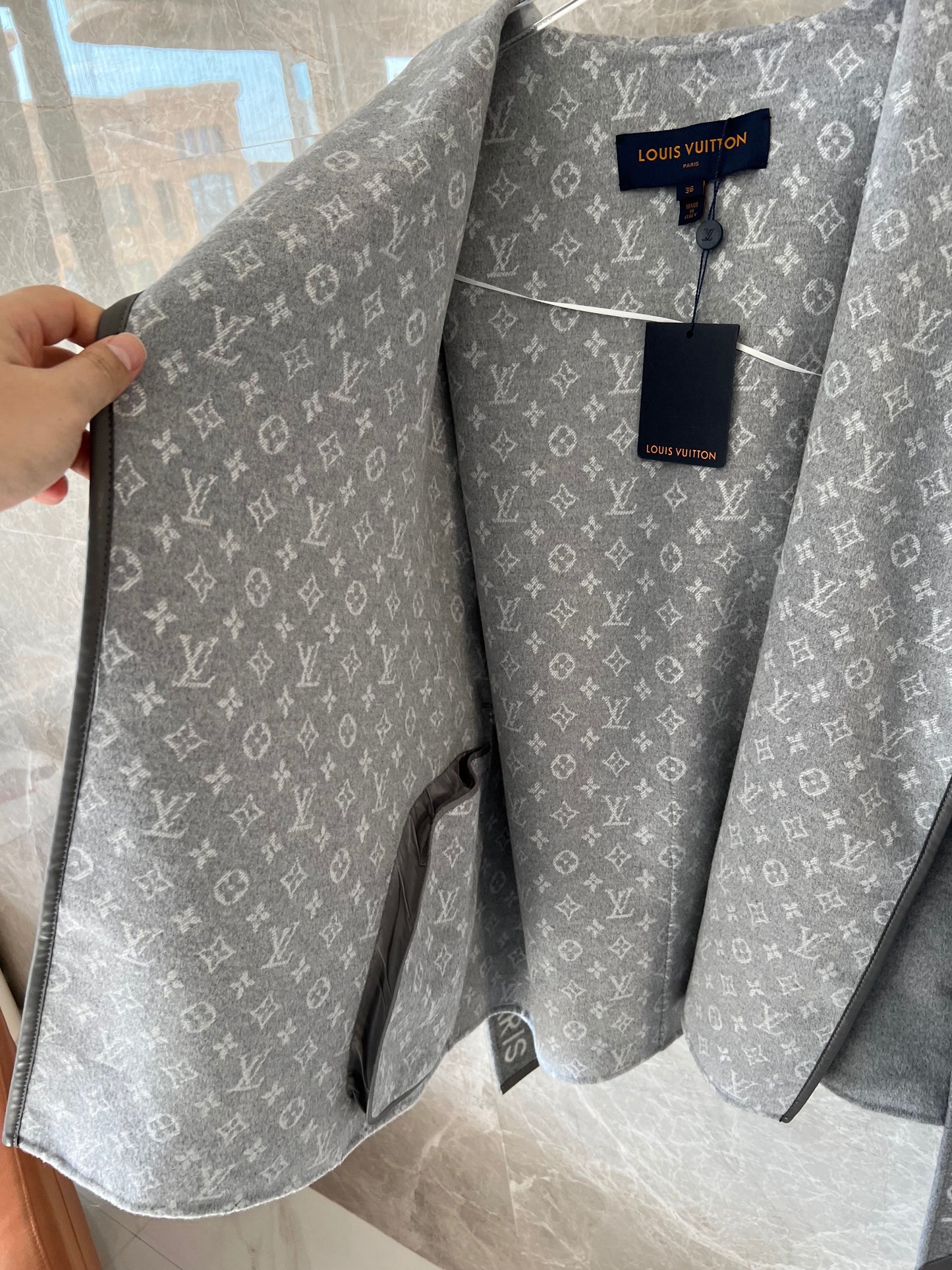 Louis Vuitton monogram grey wool hooded coat