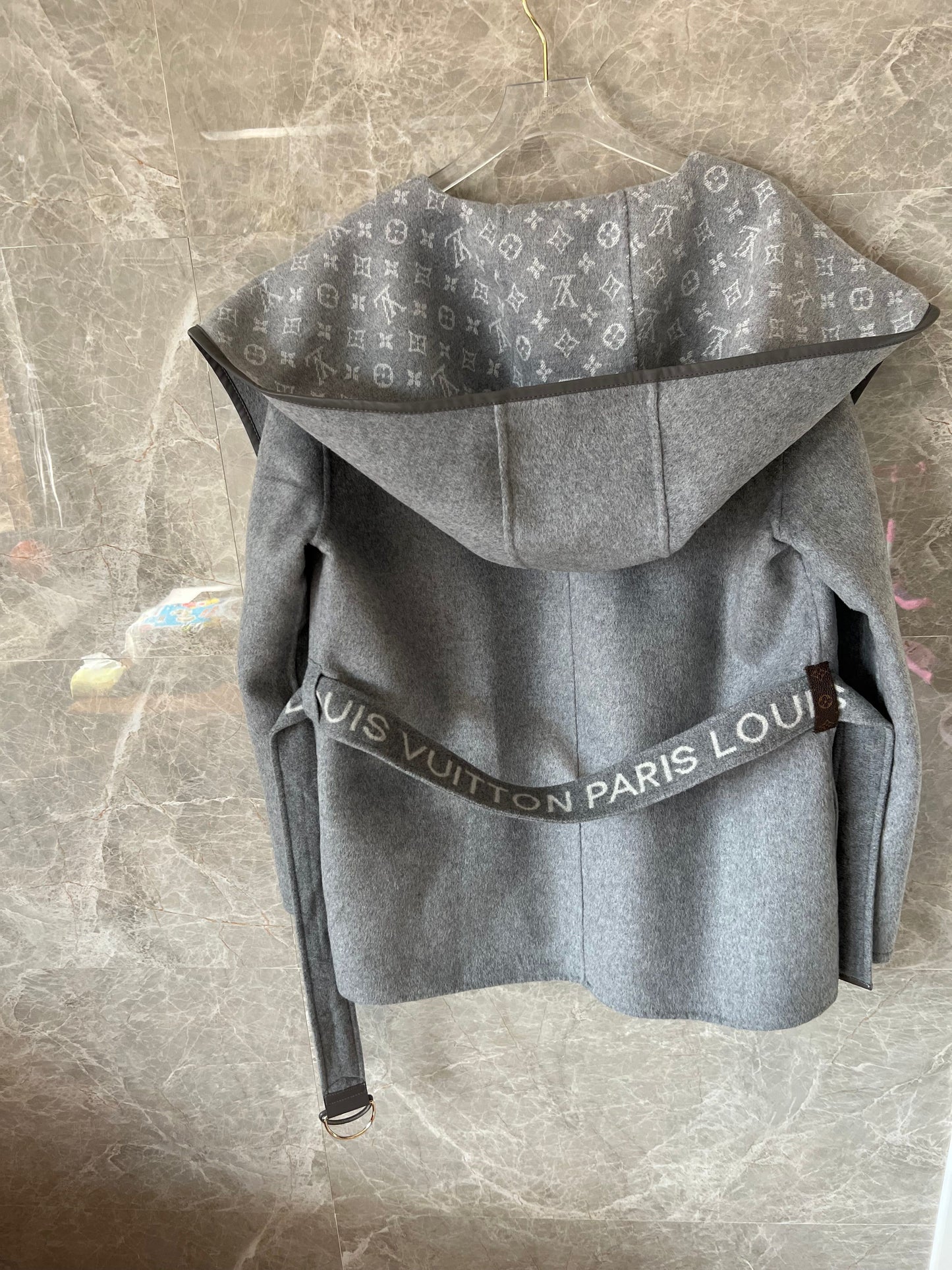 Louis Vuitton monogram grey wool hooded coat