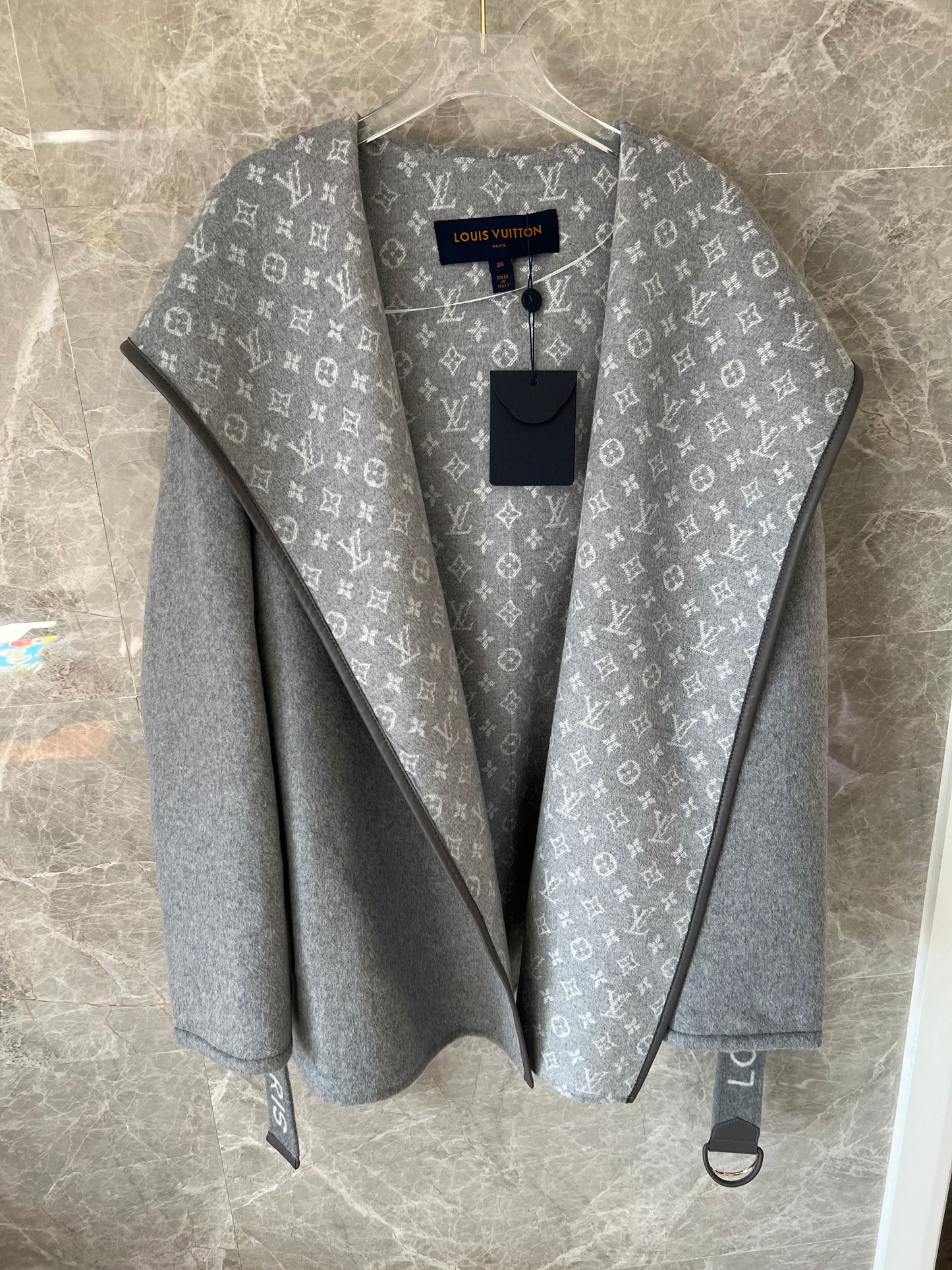 Louis Vuitton monogram grey wool hooded coat