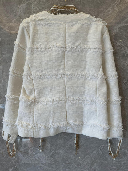 Chanel frayed tweed cardigan with pearl and chain embellishments