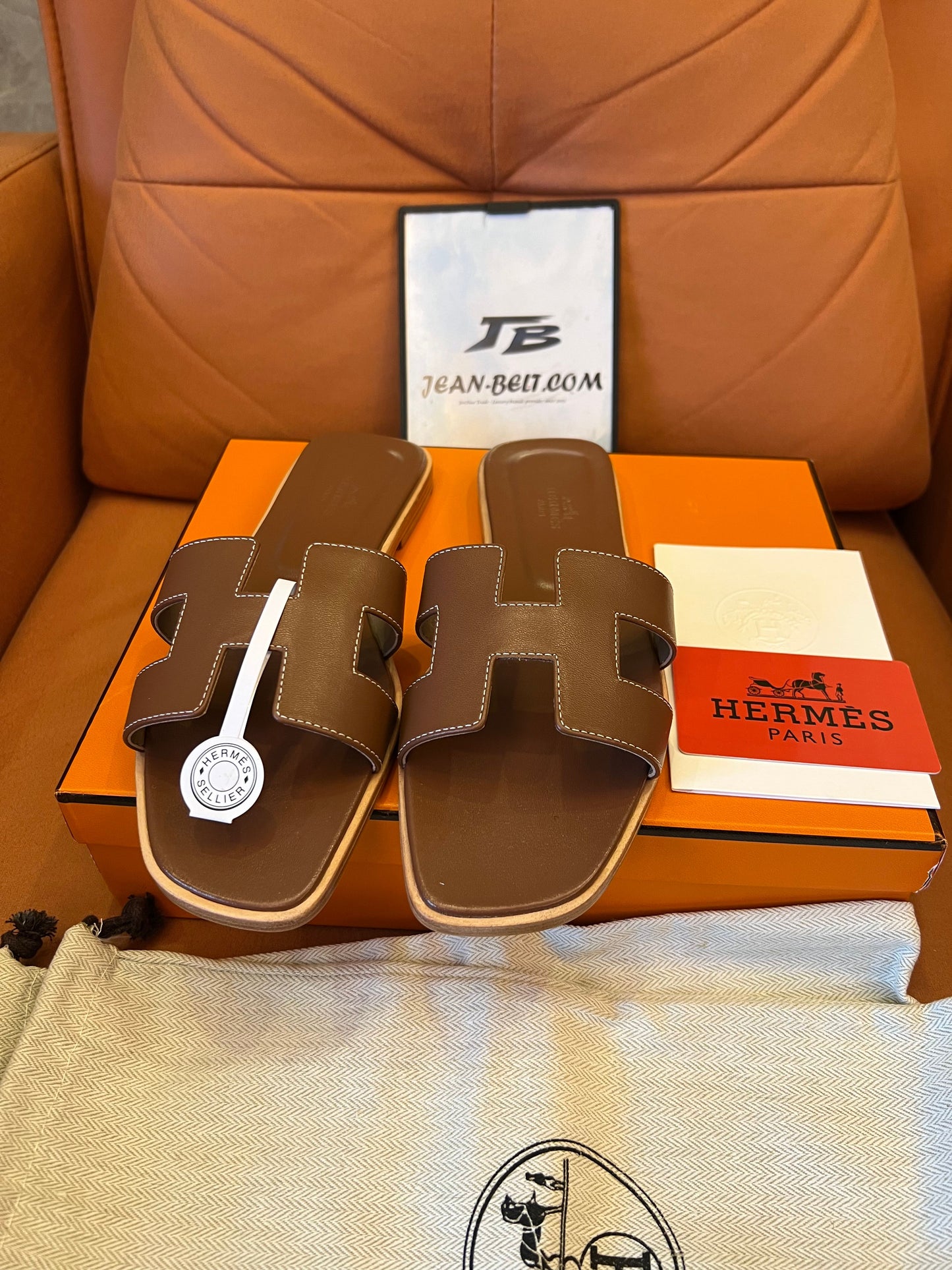 Hermès Oran sandals - brown and green leather slides, classic "H" design