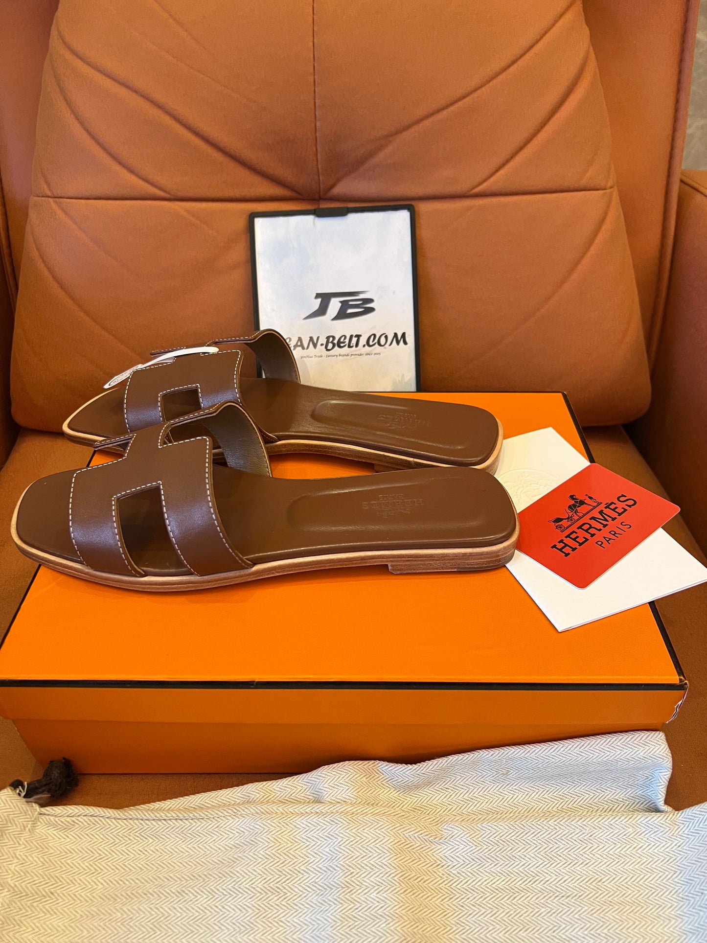 Hermès Oran sandals - brown and green leather slides, classic "H" design