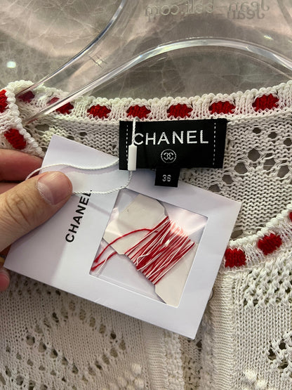 Chanel white knitted cardigan with red accents