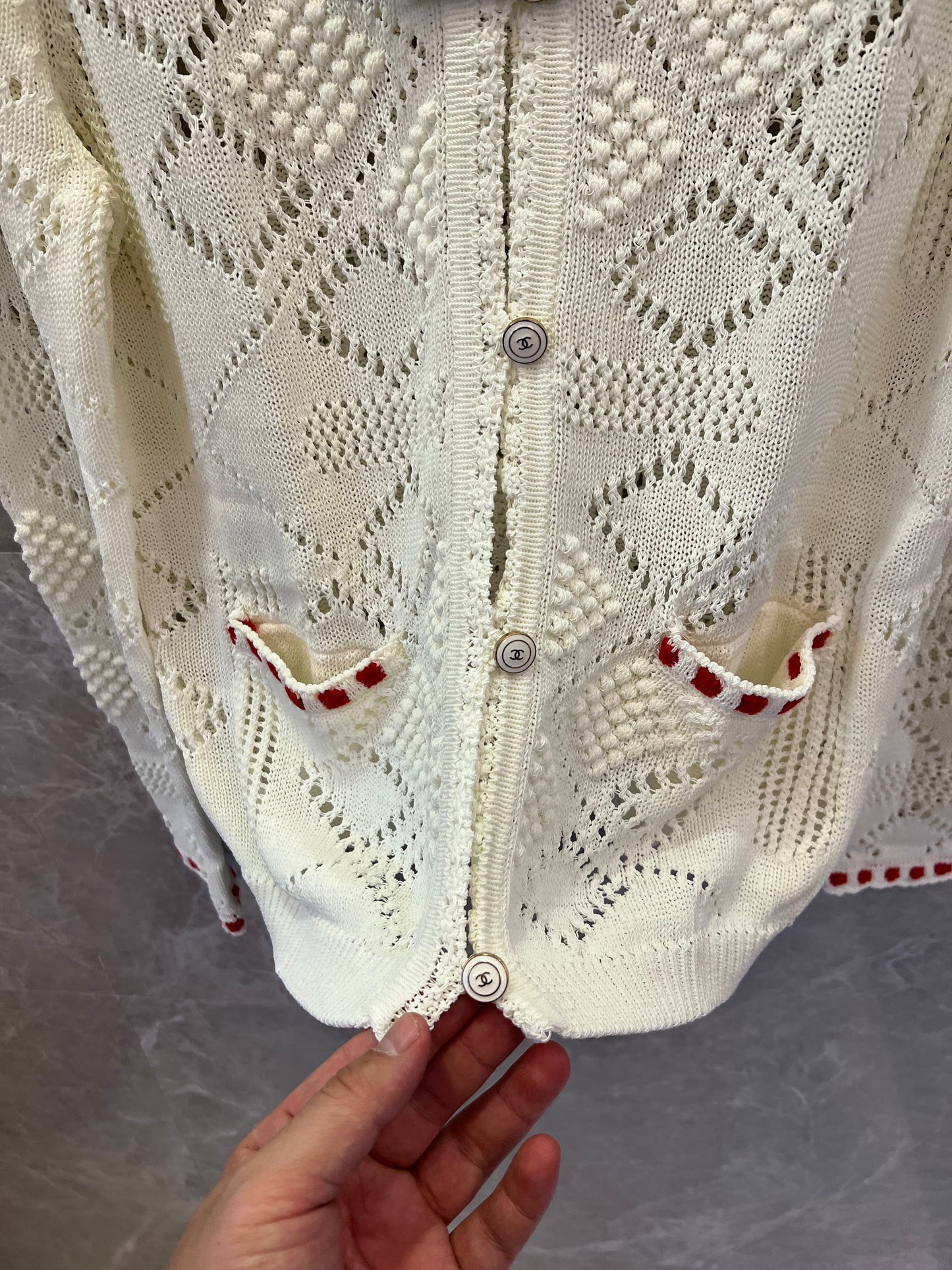 Chanel white knitted cardigan with red accents