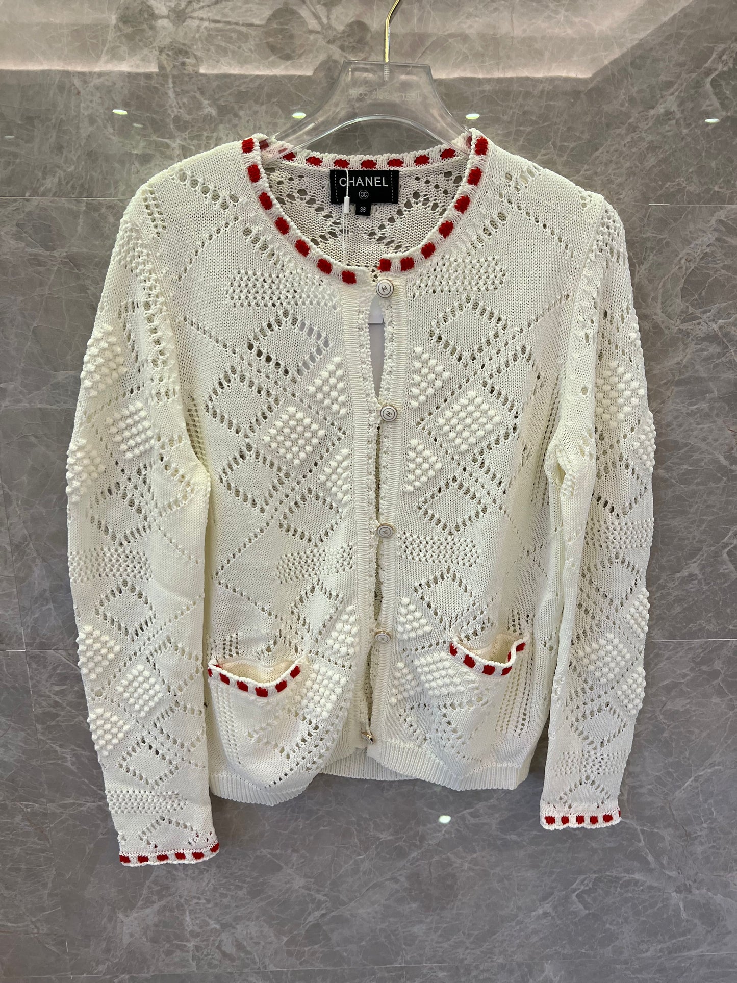 Chanel white knitted cardigan with red accents