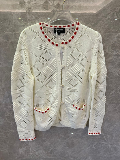 Chanel white knitted cardigan with red accents