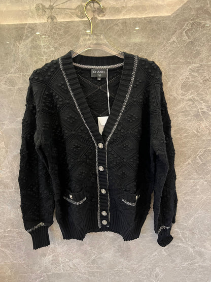 Chanel black diamond knit cardigan with silver trim