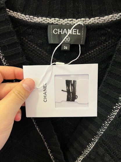 Chanel black diamond knit cardigan with silver trim