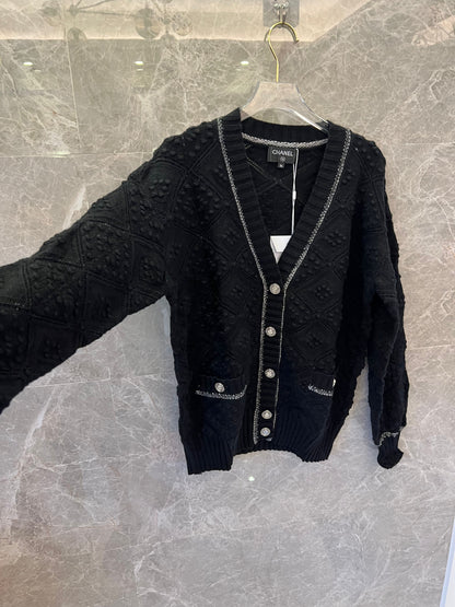 Chanel black diamond knit cardigan with silver trim