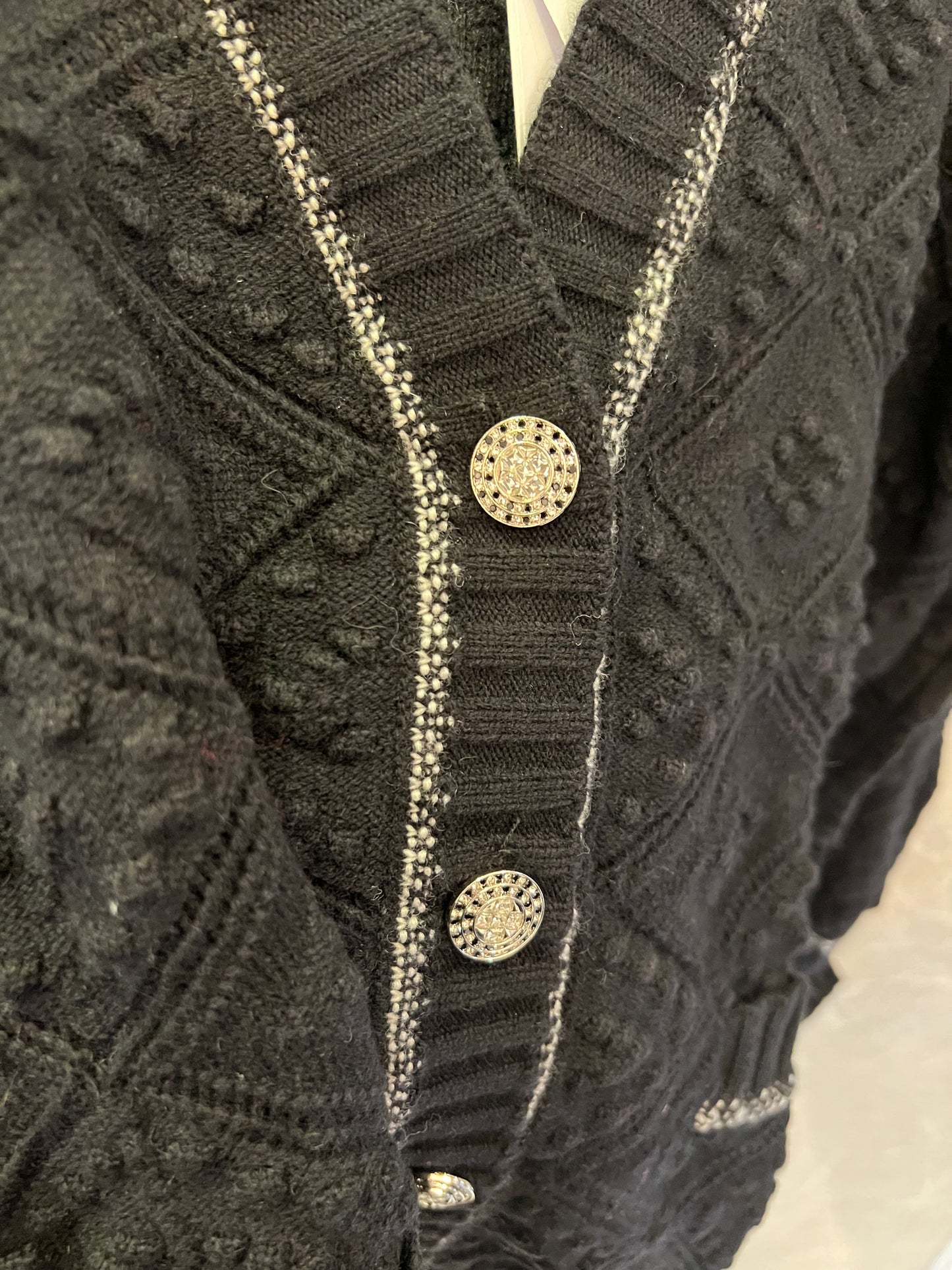 Chanel black diamond knit cardigan with silver trim