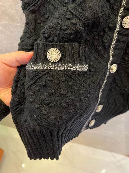 Chanel black diamond knit cardigan with silver trim