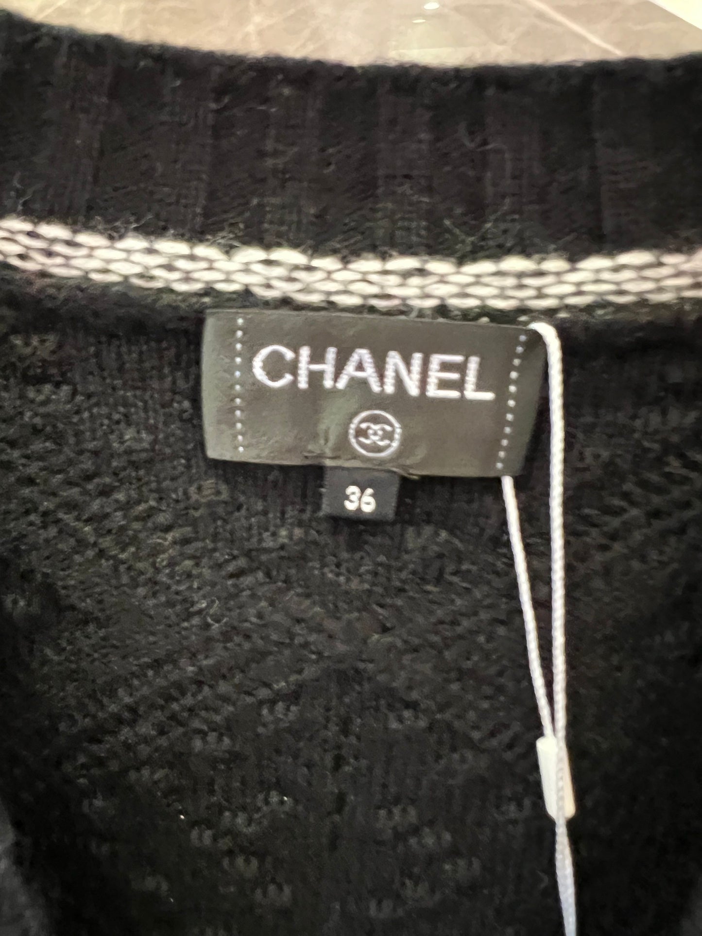 Chanel black diamond knit cardigan with silver trim