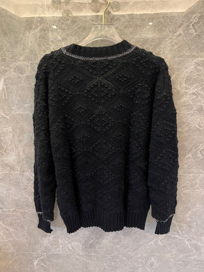 Chanel black diamond knit cardigan with silver trim