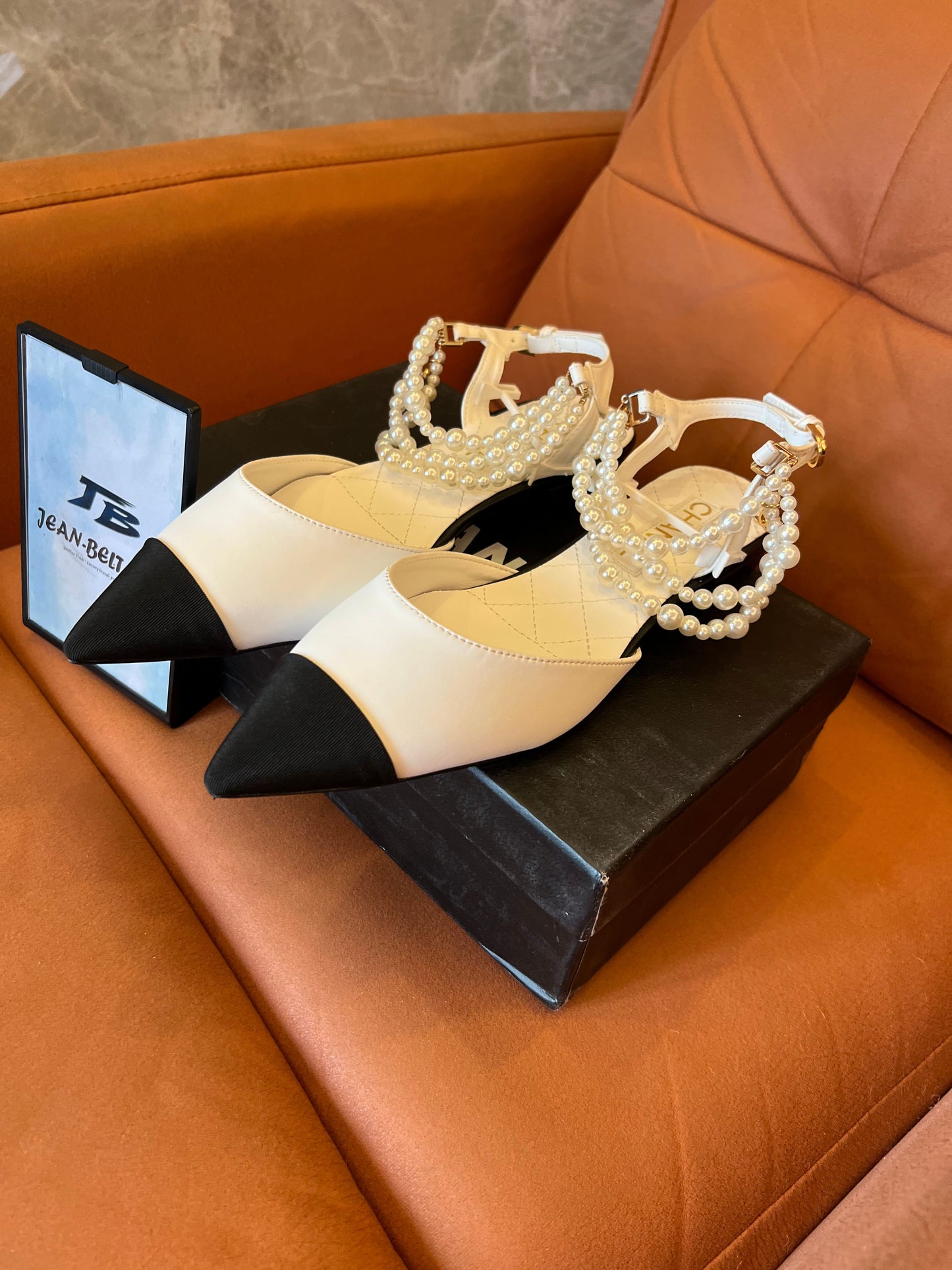 Chanel pearl and lambskin slingback