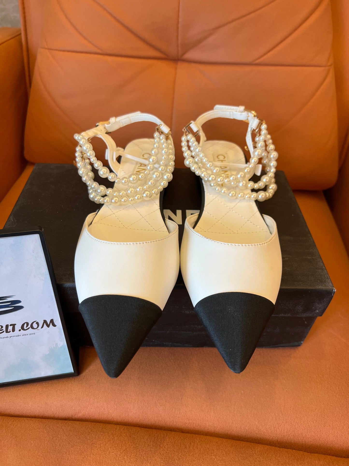 Chanel pearl and lambskin slingback