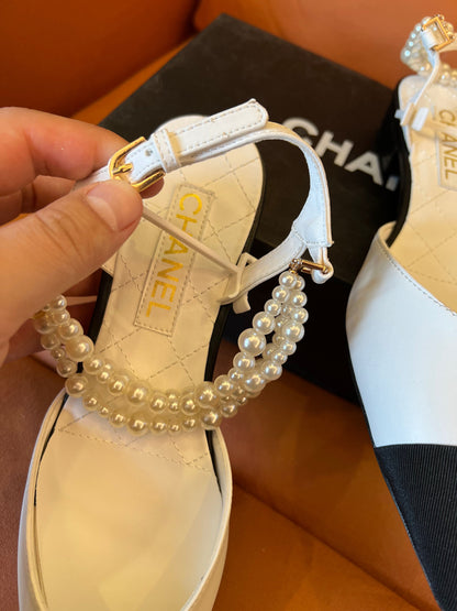 Chanel pearl and lambskin slingback