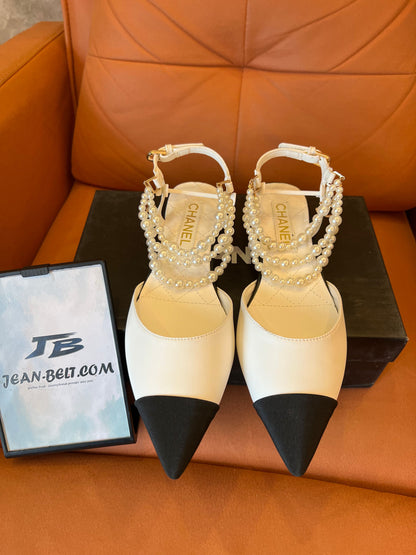 Chanel pearl and lambskin slingback