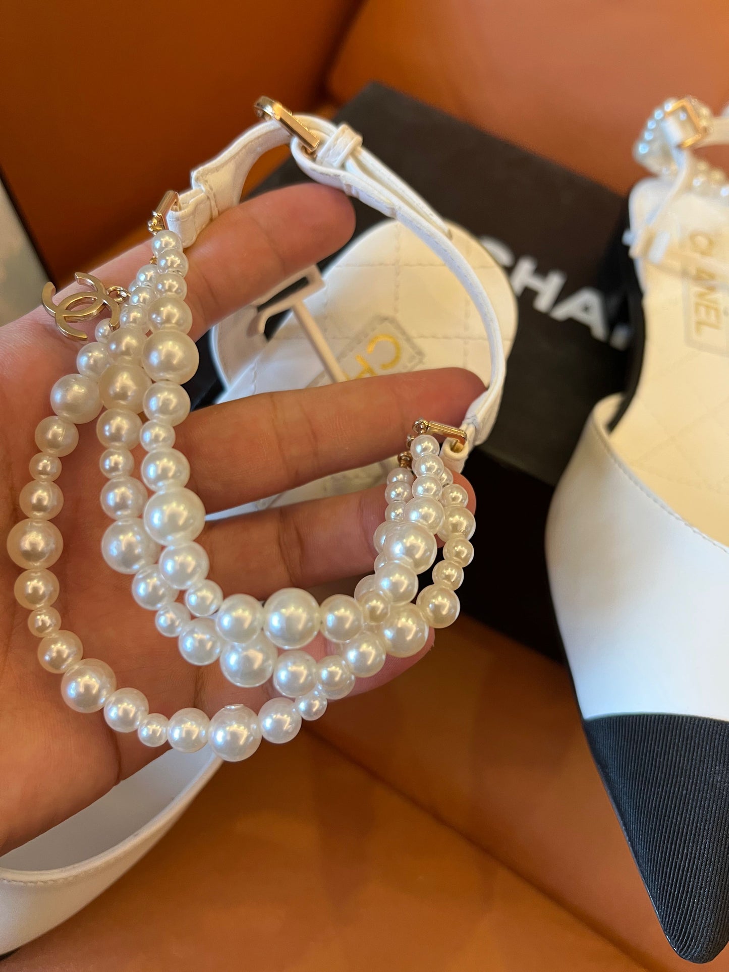 Chanel pearl and lambskin slingback