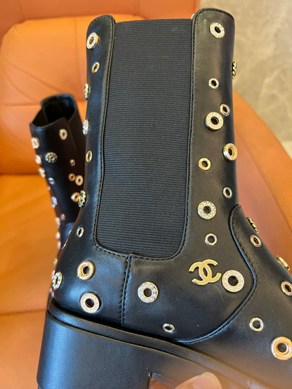 Chanel lambskin riveted cap toe short boots