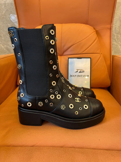 Chanel lambskin riveted cap toe short boots