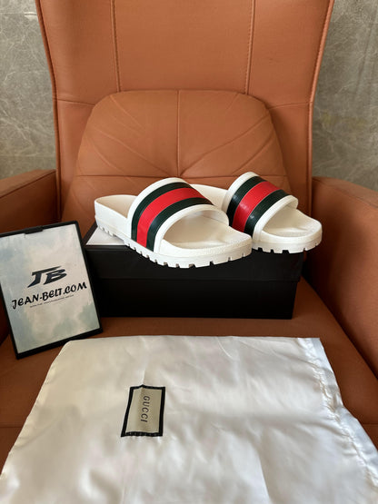 Gucci white rubber slides with web stripe