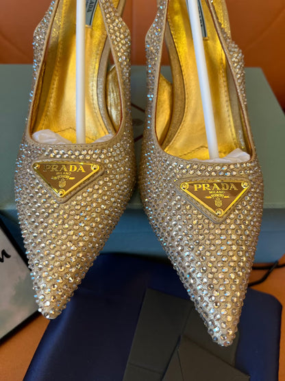 Prada satin crystal triangle logo slingback heels shoes