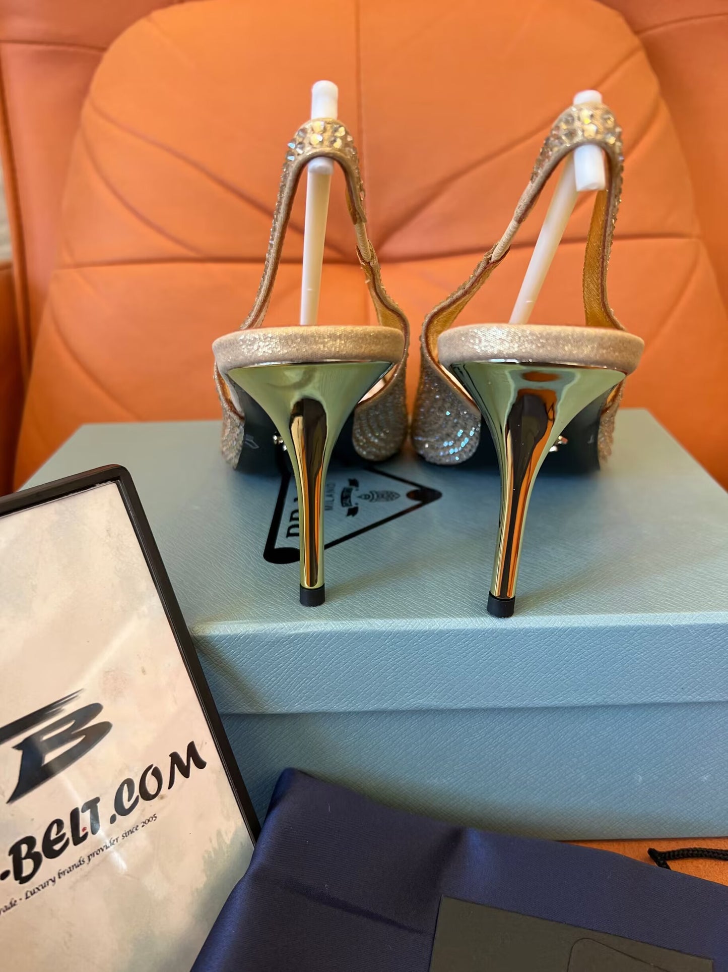 Prada satin crystal triangle logo slingback heels shoes