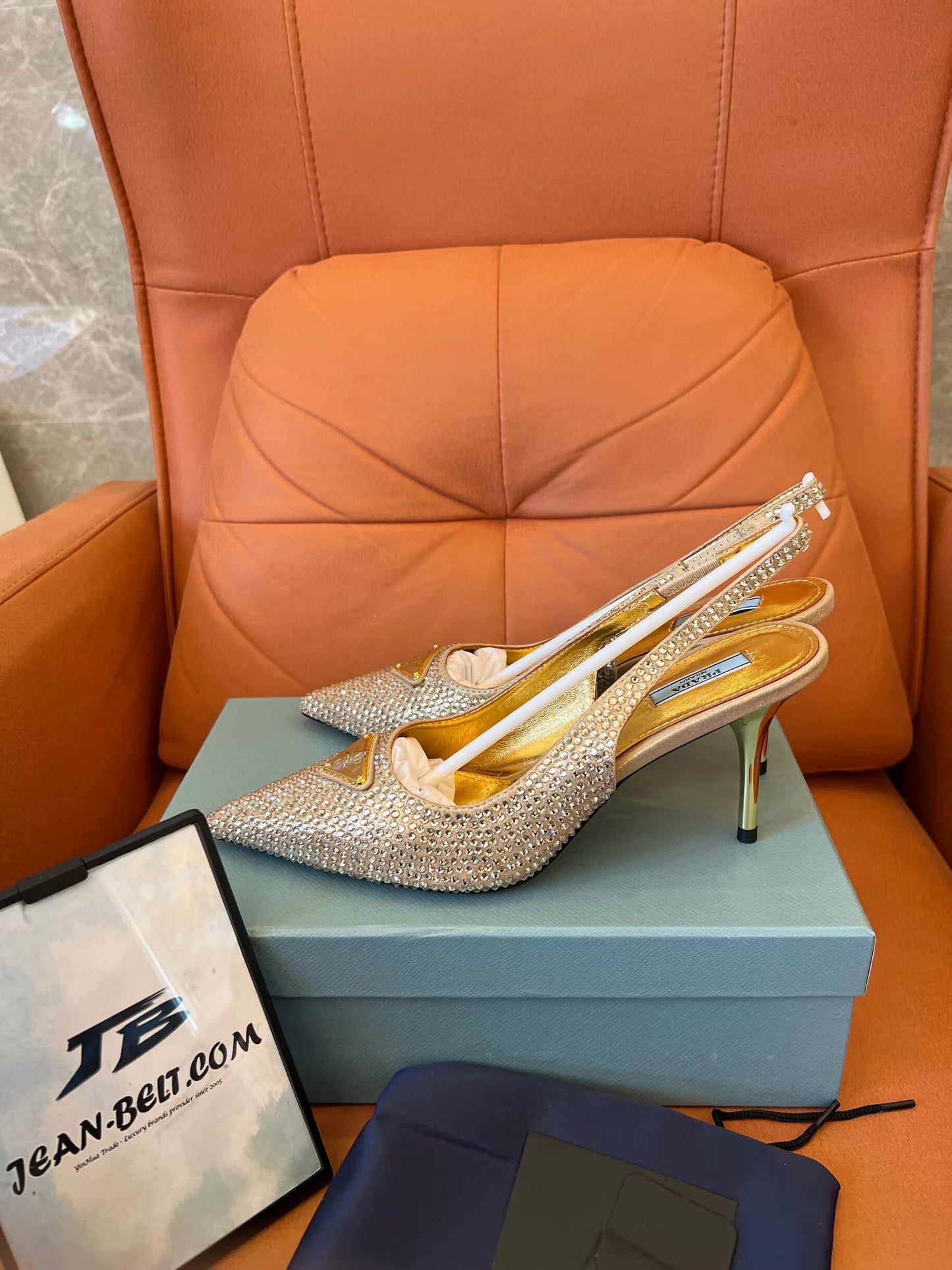 Prada satin crystal triangle logo slingback heels shoes