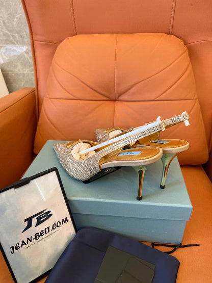 Prada satin crystal triangle logo slingback heels shoes