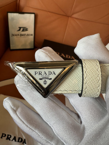 Prada white calfskin belt with silver logo buckle